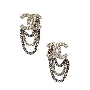 Chanel Silver Crystal CC Chain Earrings
